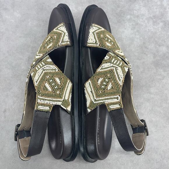 Free People Mali Beaded Sandals Size 7.5 Neutral Taupe Green White Boho Western - Picture 6 of 10